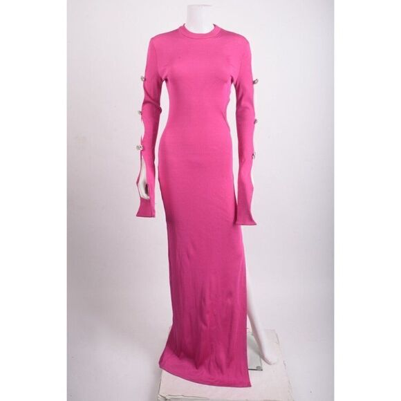 Mach & Mach Cut Out Maxi Dress Crystal Bows US 8 EU 40 Pink Long sleeved NWD - Picture 1 of 8